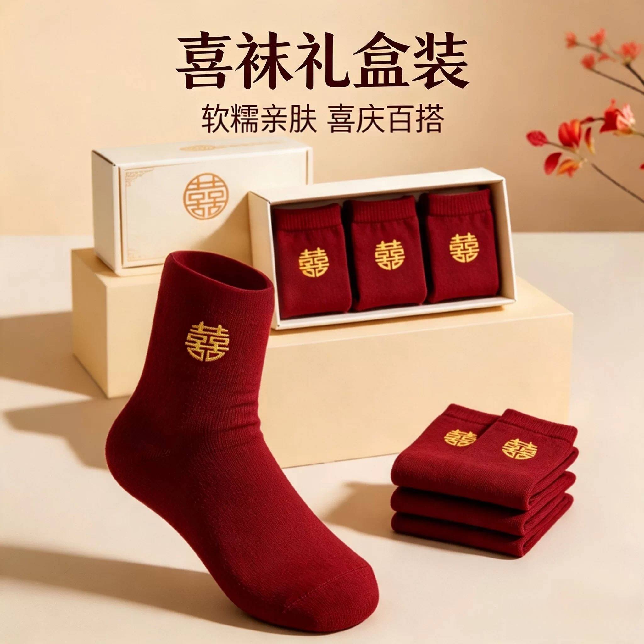 结婚袜子新郎新娘酒红色喜字刺绣男士短袜子新婚船袜隐形中筒棉袜