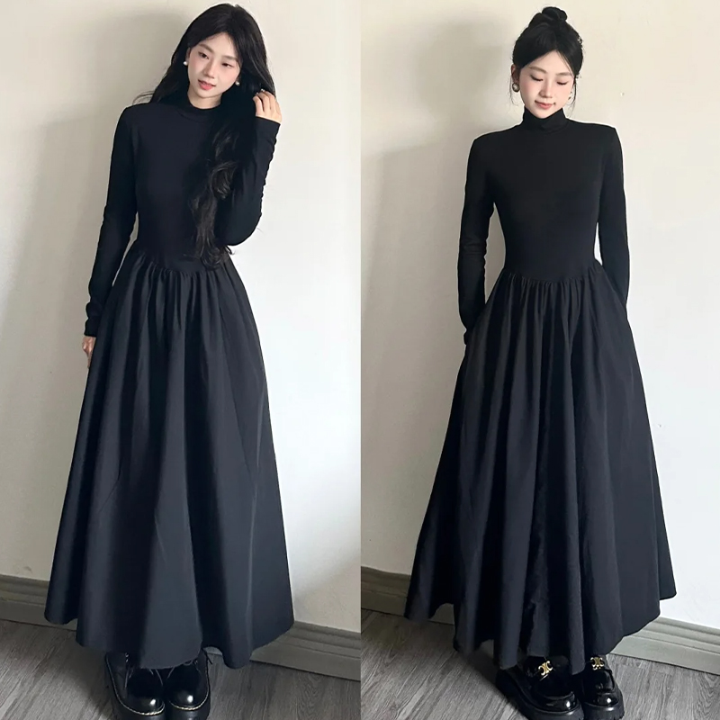 黑色赫本风长款连衣裙女