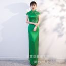 新款 显瘦开叉长旗袍舞台表演宴会礼仪演出服 2025柔软缎面刺绣修身