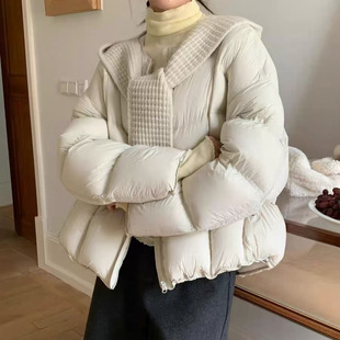 伊茉泡芙90白鸭绒韩系羽绒服女粉色加厚针织帽披肩保暖羽绒外套
