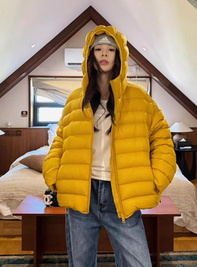 冬季90绒新款韩版加厚排骨黄色羽绒服女短款泡芙云感保暖连帽外套