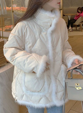 拼接白色毛边棉服女短款2025年冬季新款菱格小个子韩版宽松外套潮