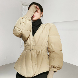 羽绒服女款女装冬季外套短款收腰系带鸭绒平湖羽绒服感