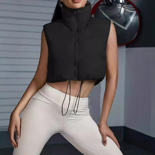 立领抽绳百搭时尚 亚马逊wish羽绒棉马甲短款 欧美跨境女装 秋冬新款