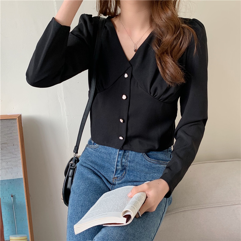 Real price spring collar foreign style thin shirt long sleeve button loose solid color shirt