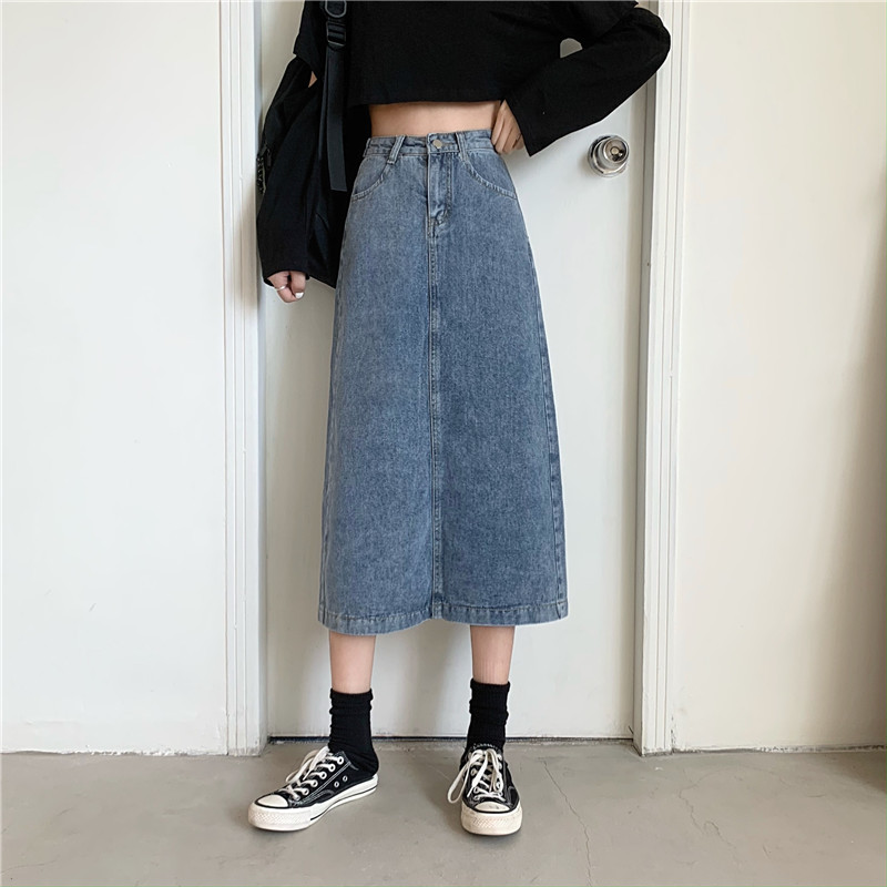 Real price autumn and winter split denim skirt half skirt A-line medium length skirt high waist and hip long skirt