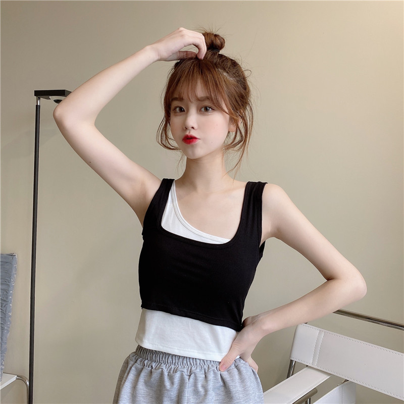 Real shot real price spring and summer new vest suspender women's fake two top irregular slim show thin