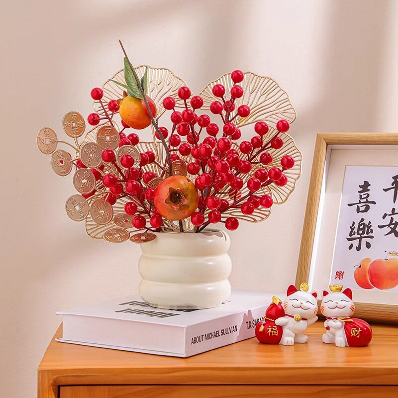 中式仿真发财果花瓶摆件客厅装饰插花手工红色果子年宵花乔迁入宅