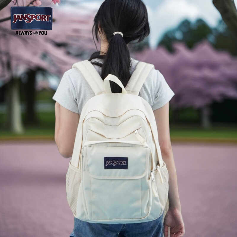 JanSport学生大容量24年简约双肩包双侧带椰奶白多隔层包米白色