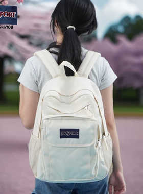 JanSport学生大容量24年简约双肩包双侧带椰奶白多隔层包米白色