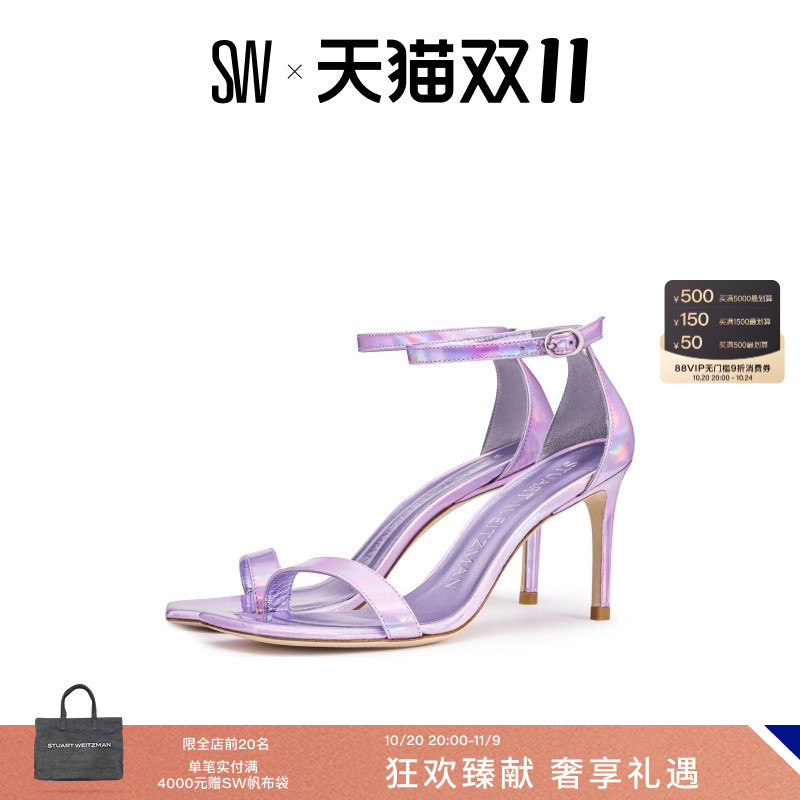 SW新款细高跟方头一字带凉鞋女