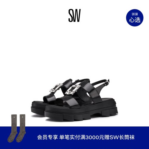 SW春夏水晶方扣厚底凉鞋珍珠