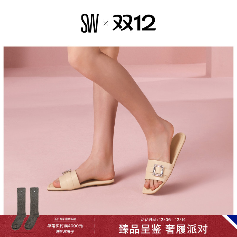 SW夏季新款水晶方扣平底方头拖鞋