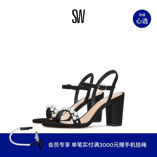 SW25新款珍珠粗高跟一字带凉鞋