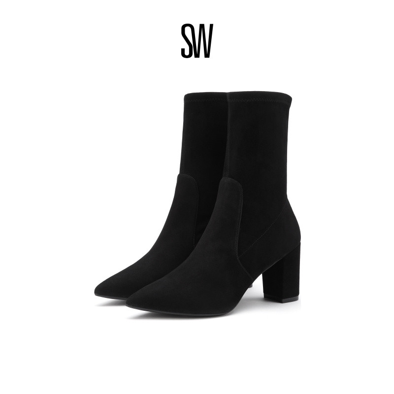 SW秋冬粗高跟尖头瘦瘦靴弹力靴女