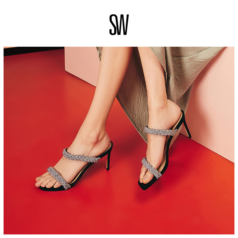 SW春夏新款编织水晶细高跟凉鞋