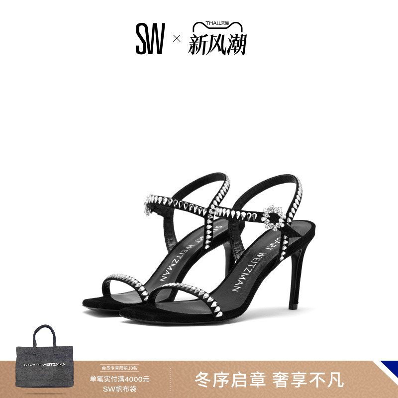 SW方头露跟水晶一字带细跟凉鞋女