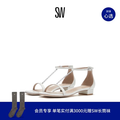 SW早春新款粗跟一字带凉鞋