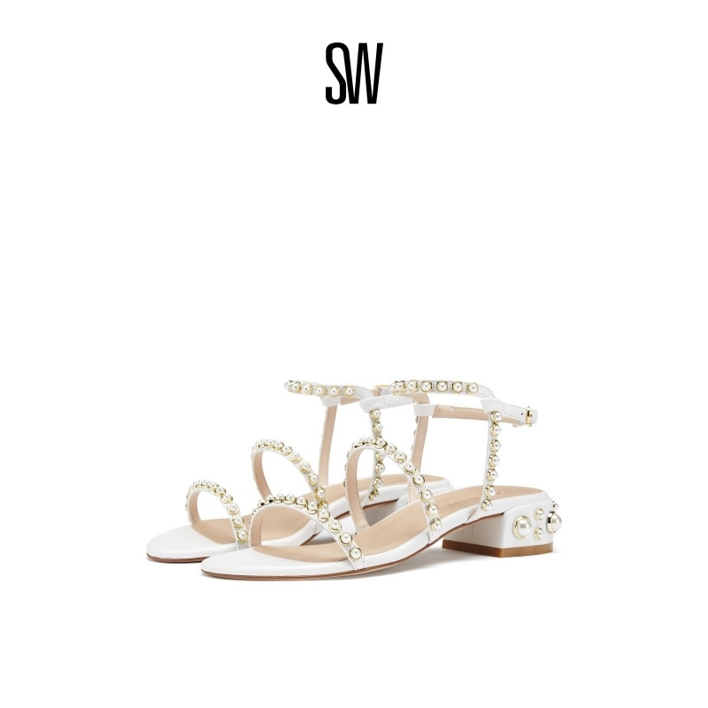 SW夏季露趾凉鞋珍珠方跟罗马凉鞋