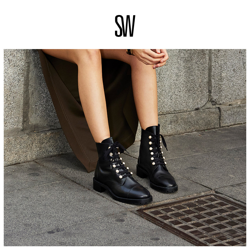 sw圆头英伦风马丁靴珍珠短靴女