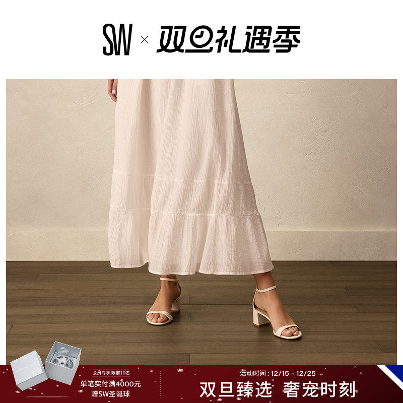 SW优雅粗高跟圆头一字带凉鞋女