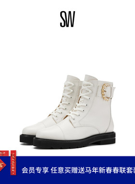SW PIPER LIFT BOOTIE 秋冬季珍珠装饰粗跟短靴系带马丁靴女