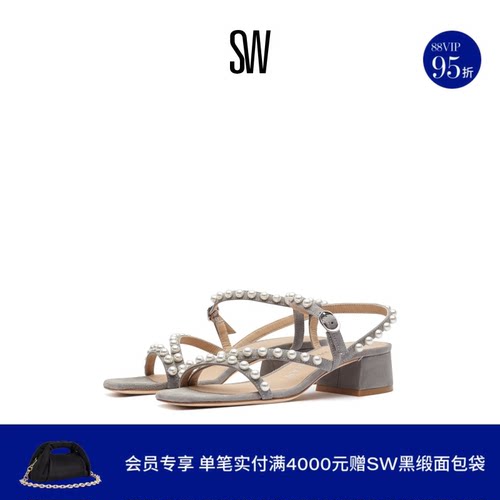 SW春夏珍珠绑带罗马凉鞋粗跟凉鞋