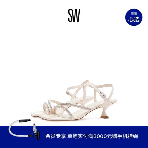 SW夏季水晶带方头雕塑跟高跟凉鞋
