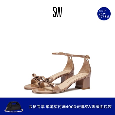 SW夏季新款蝴蝶结方跟一字带凉鞋