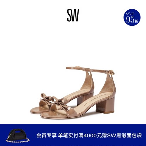 SW夏季新款蝴蝶结方跟一字带凉鞋