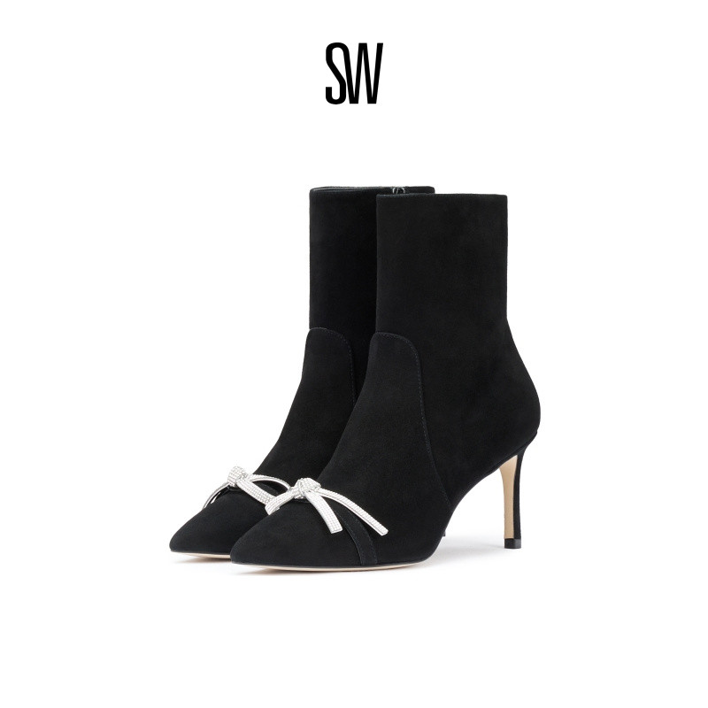 SW早秋尖头细高跟蝴蝶结短靴