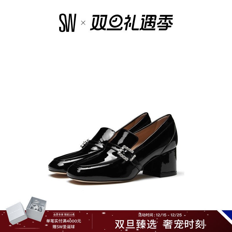 SW早春水晶方扣乐福鞋高跟鞋