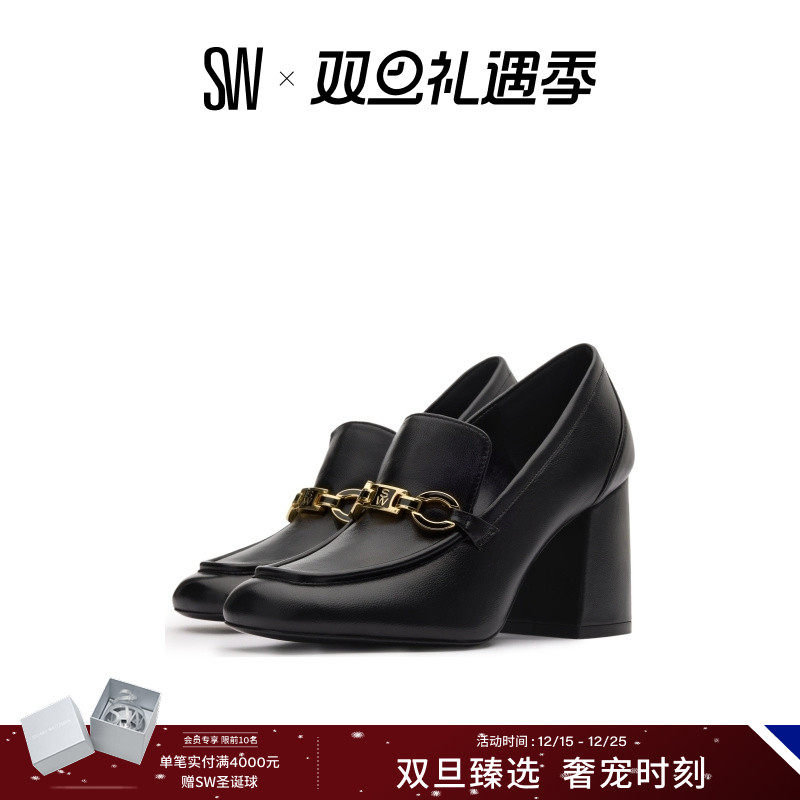 SW平头粗跟浅口金属高跟鞋单鞋