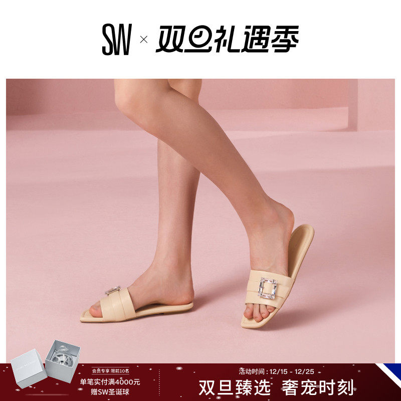 SW夏季新款水晶方扣平底方头拖鞋