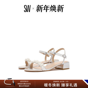 BLOCK SANDAL 优雅珍珠装 饰圆头一字带凉鞋 GOLDIE