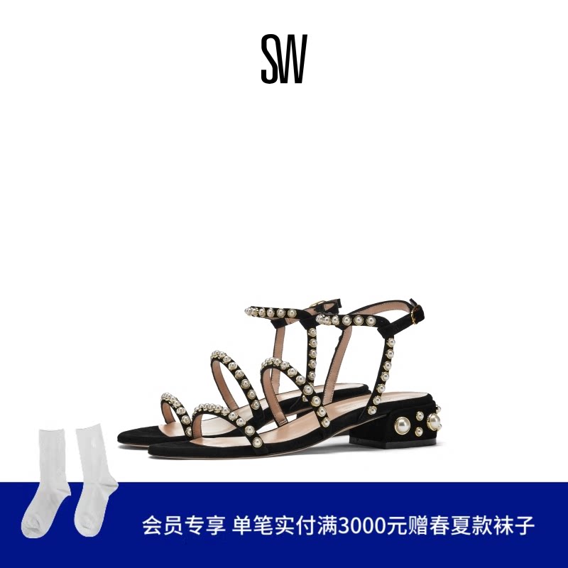 Stuart Weitzman/SW PERNILLE 春夏粗跟厚底珍珠装饰罗马凉鞋女