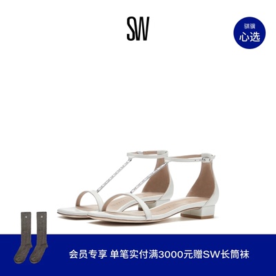 SW早春新款粗跟一字带凉鞋