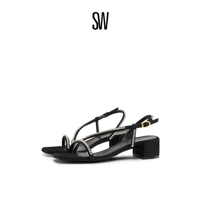 SW春夏新款水晶一字带粗跟凉鞋
