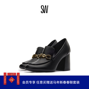 SW SIGNATURE 85 LOAFER  方头粗跟浅口金属高跟乐福鞋单鞋女
