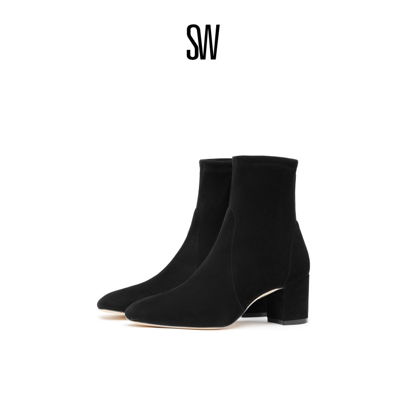 sw中筒靴粗跟秋冬方头瘦瘦靴