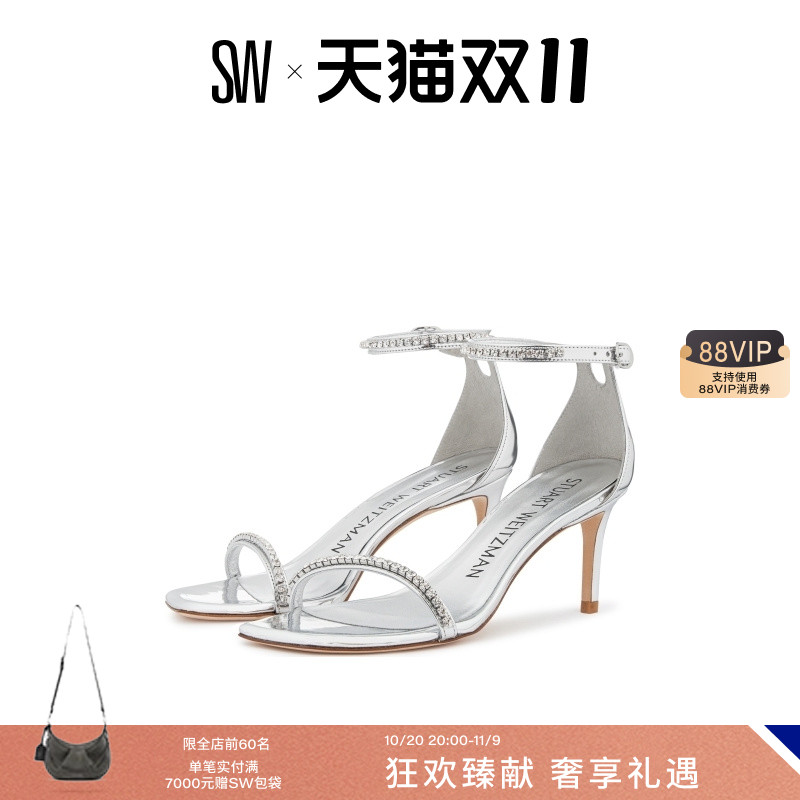 SW夏季方头细高跟水晶一字带凉鞋