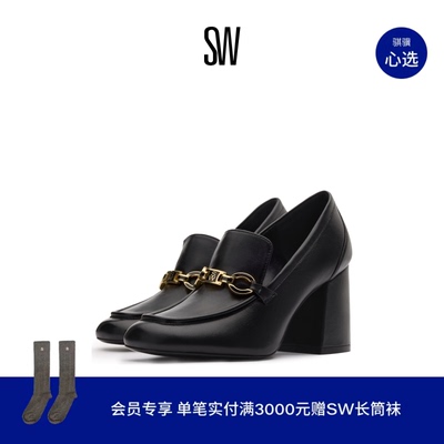 SW平头粗跟浅口金属高跟鞋单鞋