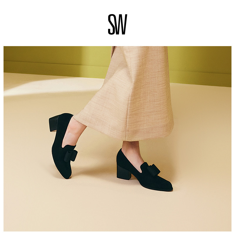 SW早春粗方跟一脚蹬乐福鞋女