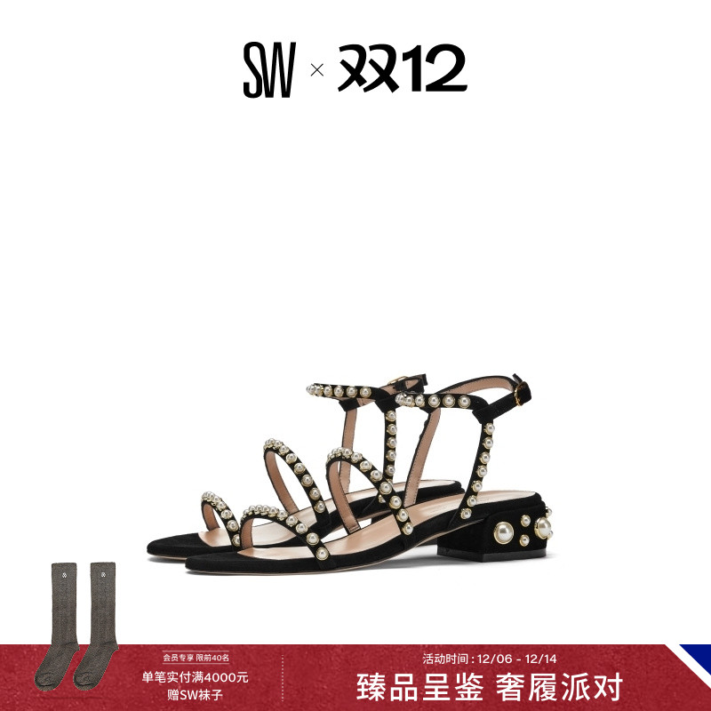 SW夏季粗跟珍珠时装凉鞋罗马凉鞋