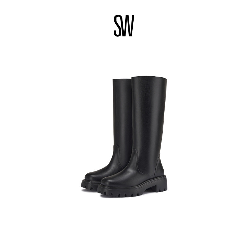 SW早秋新款厚底方头骑士靴方跟