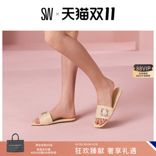 新品 JUNE SLIDE 女外穿凉拖女 水晶方扣平底方头拖鞋 夏季