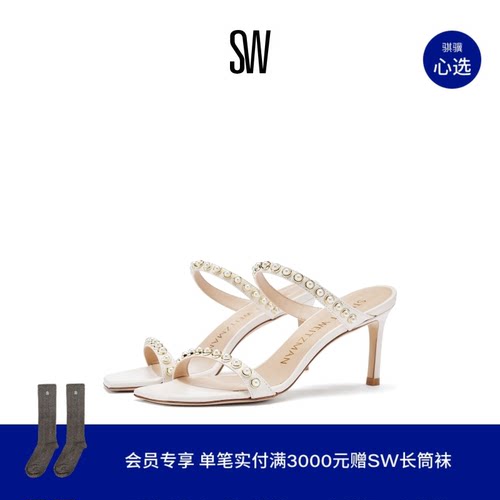 SW春夏珍珠细跟方头一字带凉鞋女