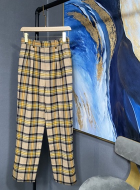 E黄色格纹含羊毛直筒裤EA184PAT116