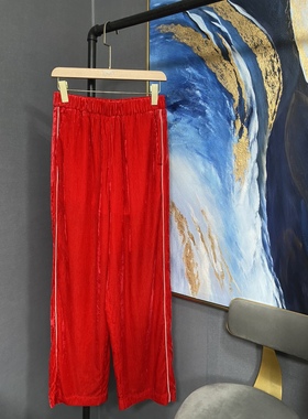 M红色薄款侧面白条松紧腰直筒裤MBO1PAT001