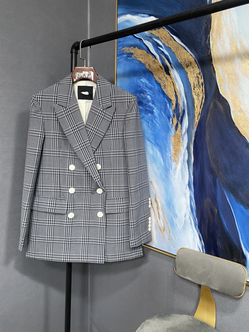 E灰色格纹全羊毛白色双排扣双开叉西装外套EAI1BLA003